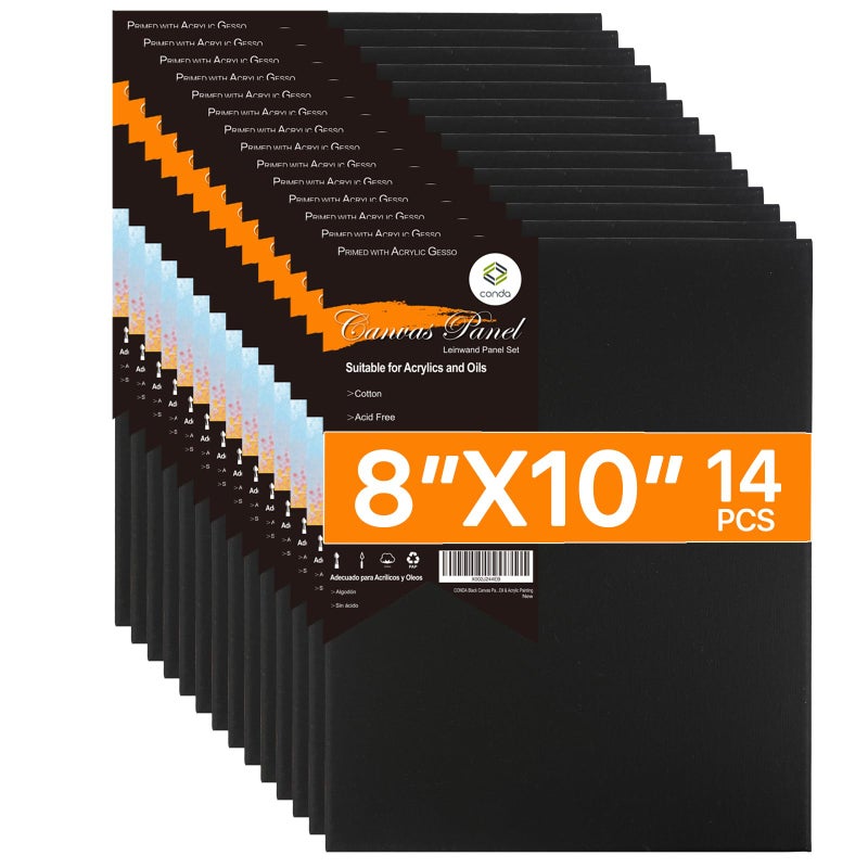 CONDA Black Canvases for Painting, Canvas Panels 8x10 inch, Pack of 14, 100% Cotton Acid-Free, 8 oz Gesso-Primed, Art Boards for Oil & Acrylic Painting - Image 1